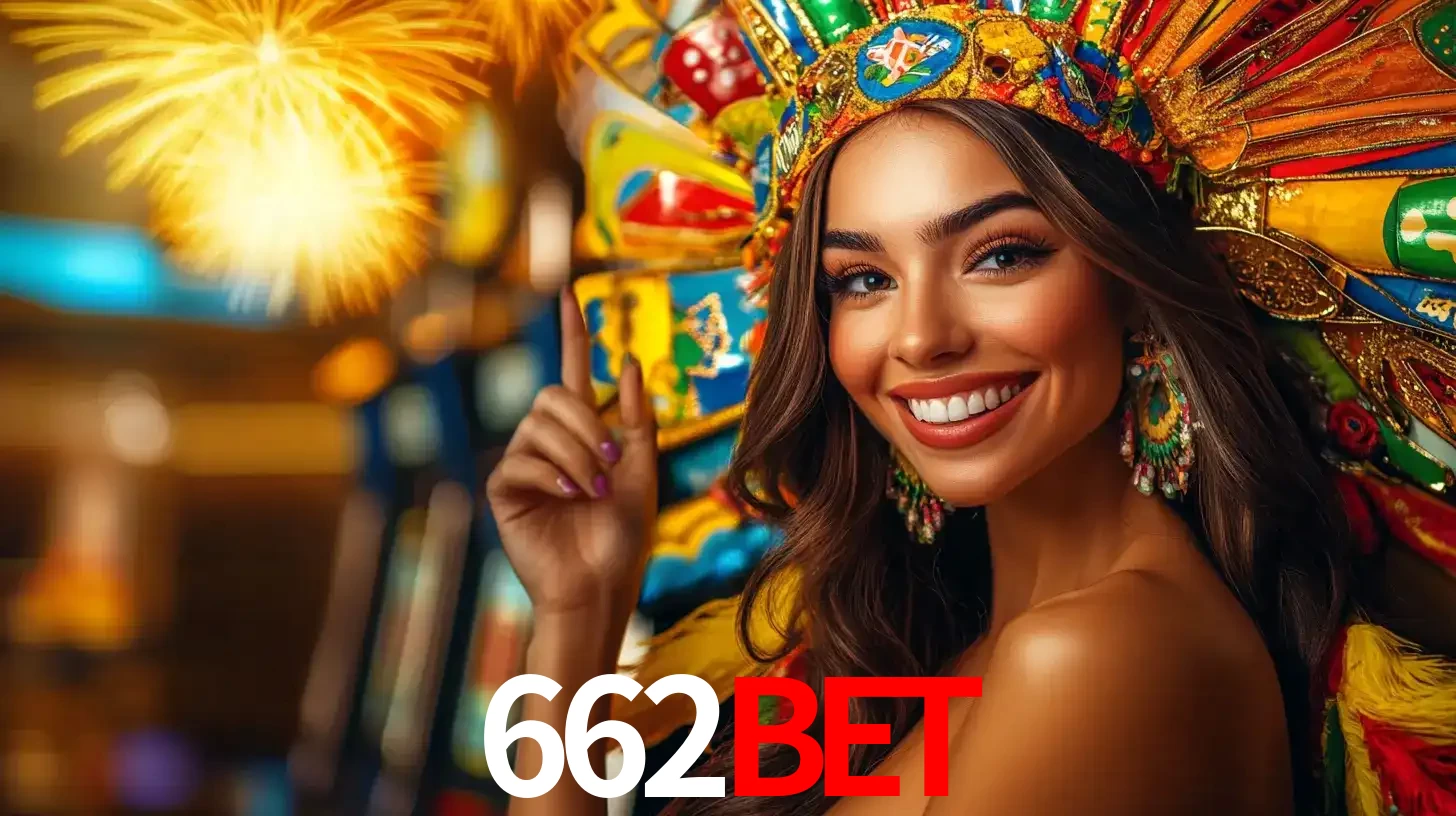 Mulher sorridente com um cocar de carnaval vibrante e colorido, celebrando uma grande vitória nos jogos do cassino 662bet com fogos de artifício ao fundo.