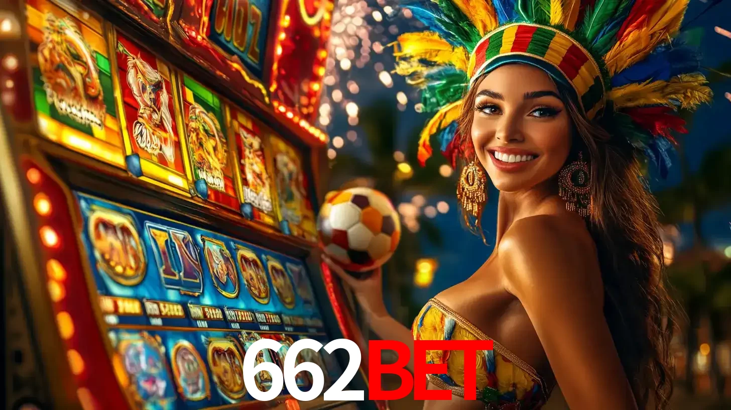 Mulher com um cocar de carnaval ao lado de uma máquina de caça-níqueis enquanto segura uma bola de futebol, mostrando a união da diversão de cassino e esportes no 662bet.