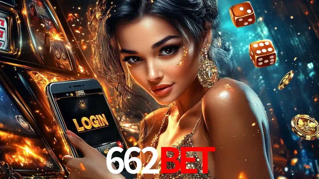 Mulher glamourosa segurando um celular com a tela de login do cassino 662bet, rodeada por dados e moedas douradas, pronta para começar a diversão.