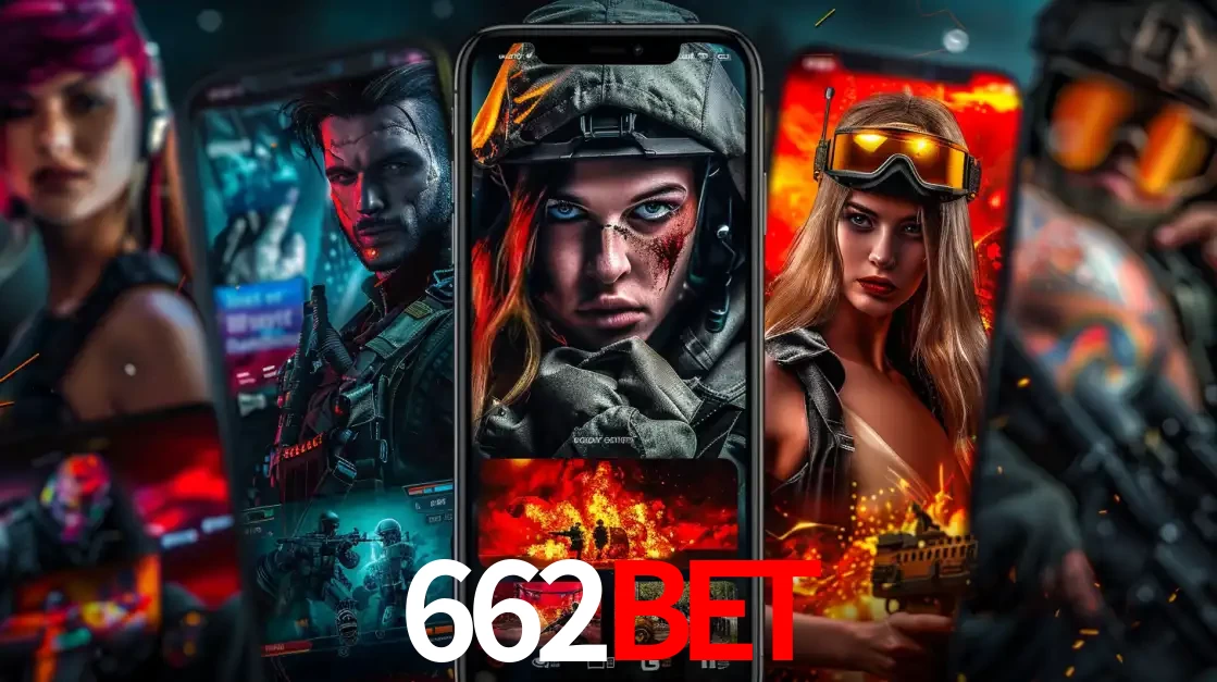 Montagem de telas de celular mostrando diversos personagens, masculinos e femininos, de um jogo de tiro, ilustrando a diversidade de equipes de e-sports para apostar no 662bet.
