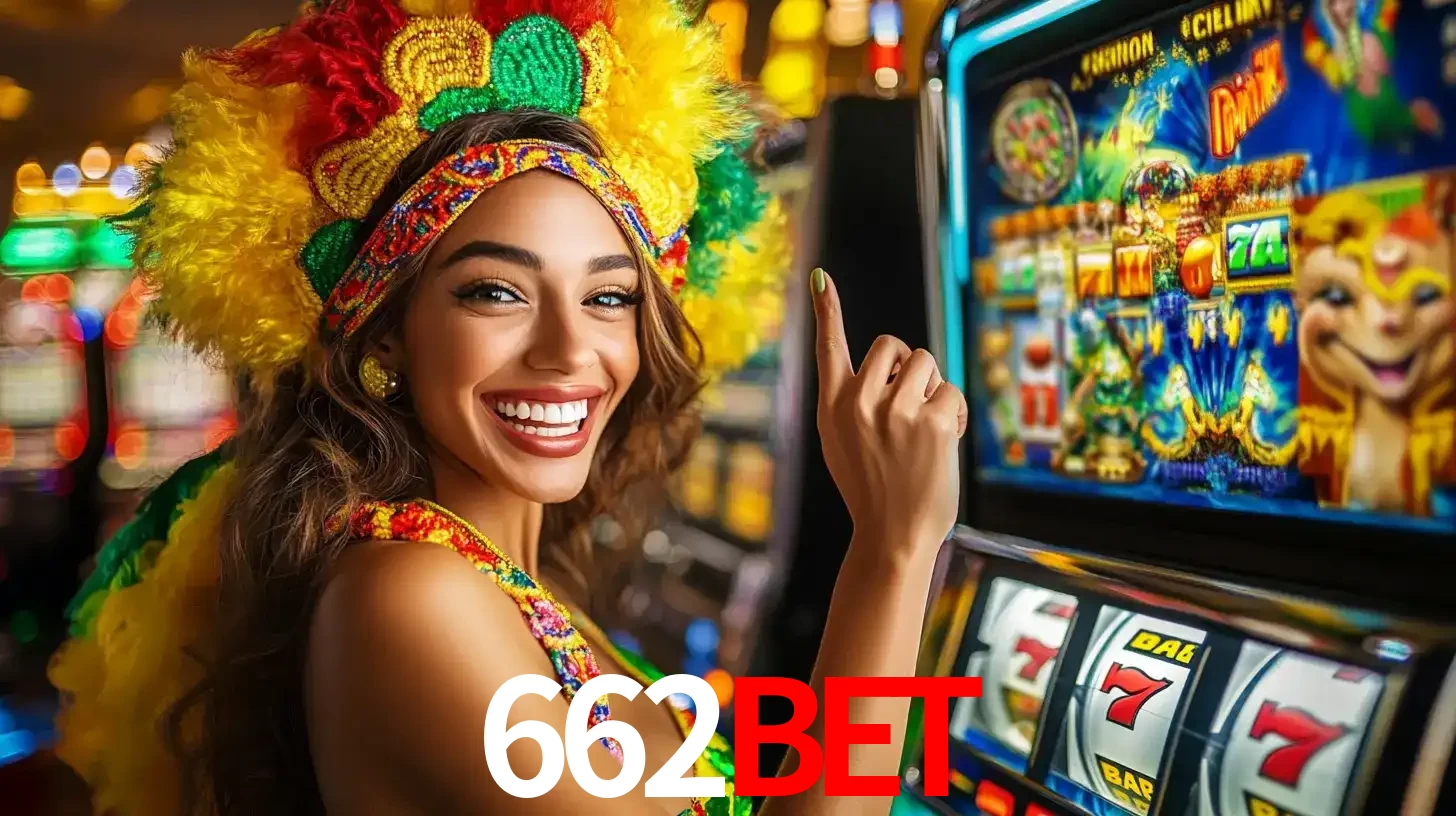 Mulher animada com um cocar de carnaval apontando para uma máquina de caça-níqueis, mostrando a emoção de ganhar um grande prêmio nos jogos do 662bet.