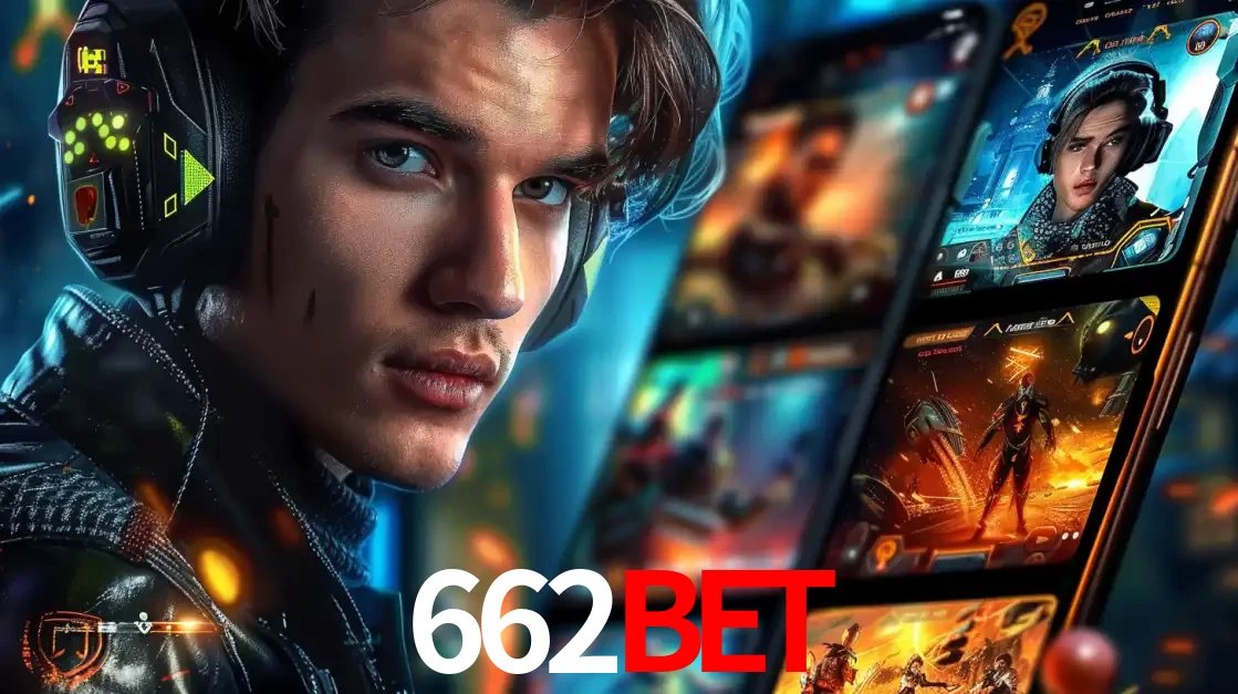 Jovem jogador com fones de ouvido olhando para a câmera, com um aplicativo de jogos e e-sports para celular ao fundo, pronto para a competição e apostas no 662bet.
