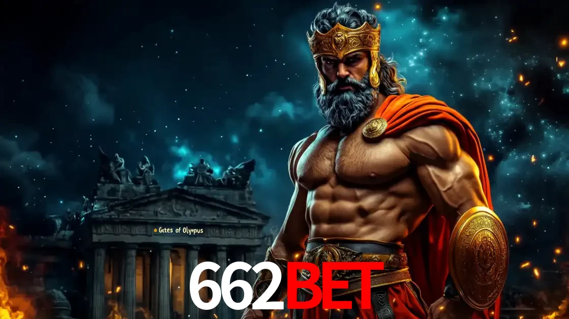 O poderoso Zeus do jogo de slot Gates of Olympus em frente ao seu templo, pronto para lançar multiplicadores divinos e prêmios épicos no cassino online 662bet.