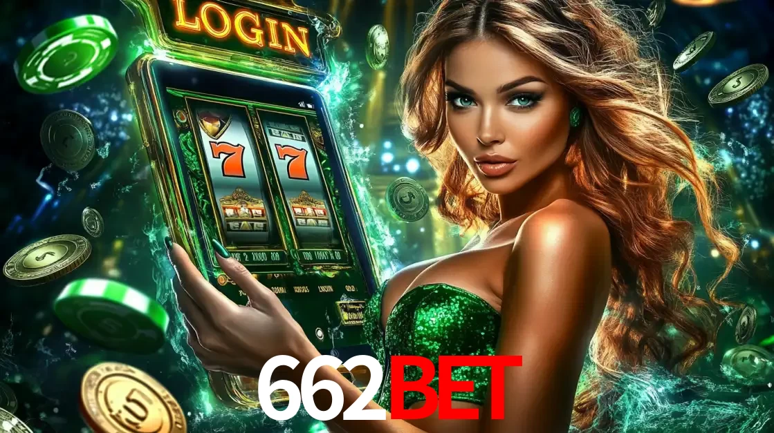 Mulher com tema verde apresentando o aplicativo do cassino 662bet com um jogo de slot de 777, cercada por fichas de cassino e uma aura de sorte.
