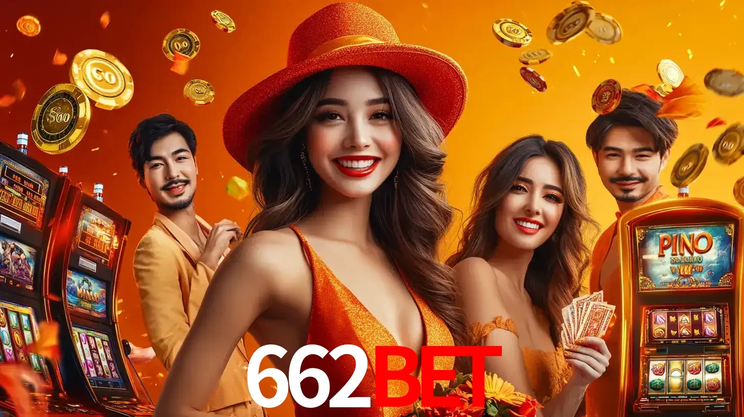 Grupo de amigos asiáticos sorrindo e se divertindo com máquinas de caça-níqueis em um ambiente festivo, celebrando suas vitórias nos jogos de cassino do 662bet.