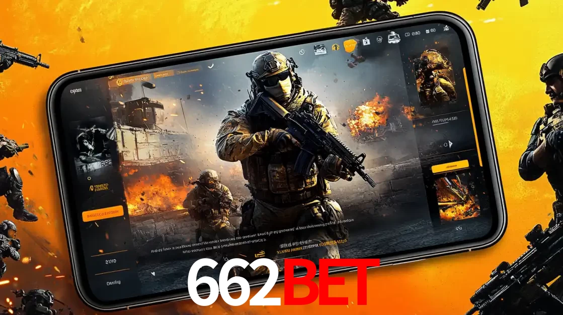 Um smartphone exibindo a interface de um jogo de tiro em primeira pessoa, com um soldado em um cenário de batalha, representando a ação dos e-sports para apostar no 662bet.
