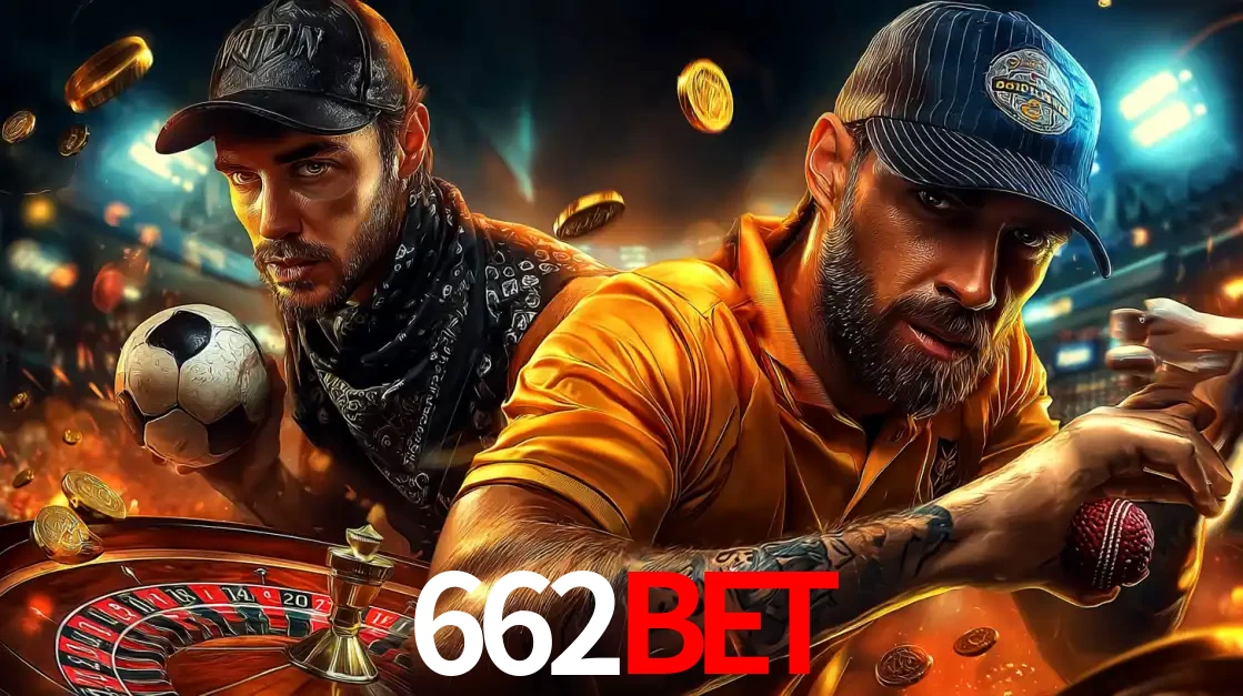 Montagem de apostas esportivas e cassino no 662bet, com um homem segurando uma bola de futebol e outro uma de beisebol sobre uma roleta e moedas voadoras.