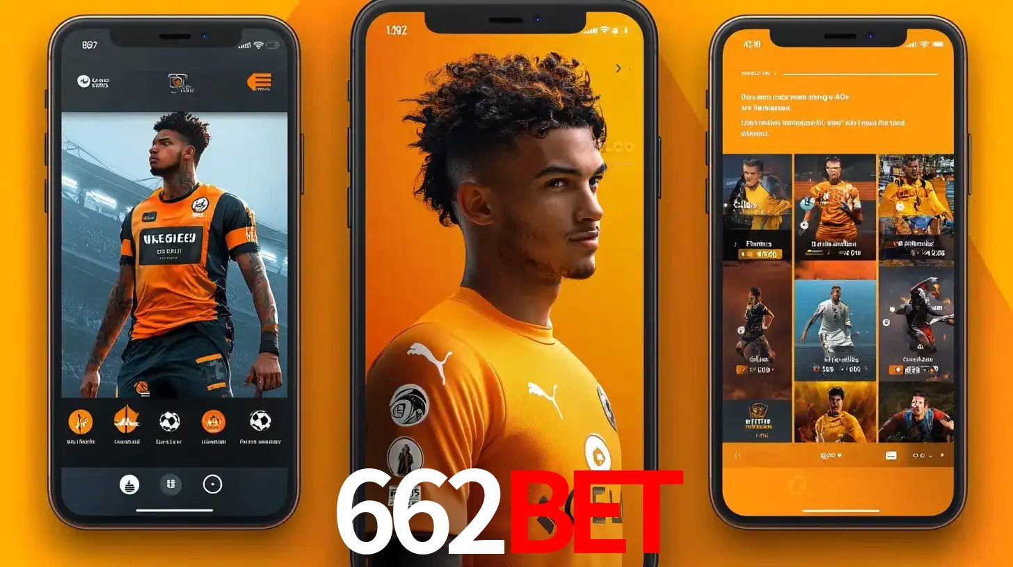 Interface do aplicativo de apostas esportivas 662bet em três telas de celular, mostrando o perfil de um jogador de futebol e a lista de jogos disponíveis para apostar.