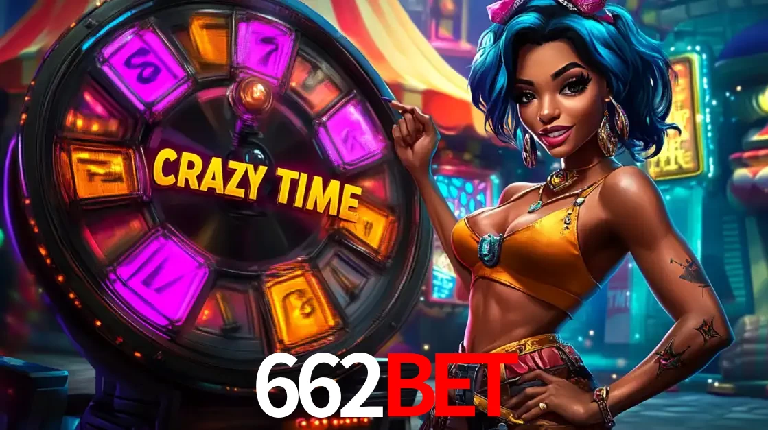 Mulher estilizada com cabelo azul e visual vibrante posando ao lado da roda de prêmios do game show Crazy Time, convidando para a diversão e os bônus do cassino 662bet.