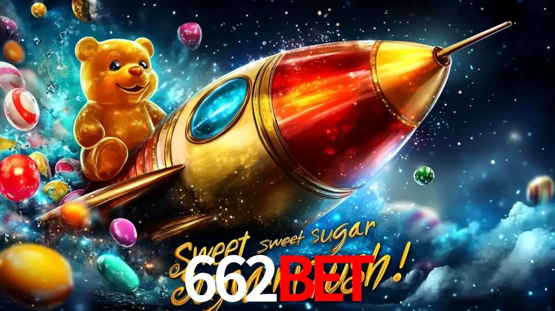 Arte promocional do jogo de slot Sugar Rush, com um urso de pelúcia em um foguete viajando pelo espaço de doces, um dos jogos divertidos disponíveis no cassino 662bet.