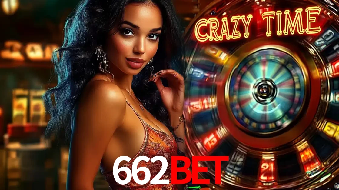 Mulher elegante ao lado da vibrante roda da fortuna do jogo de cassino ao vivo Crazy Time, um dos game shows mais populares e cheios de prêmios do 662bet.