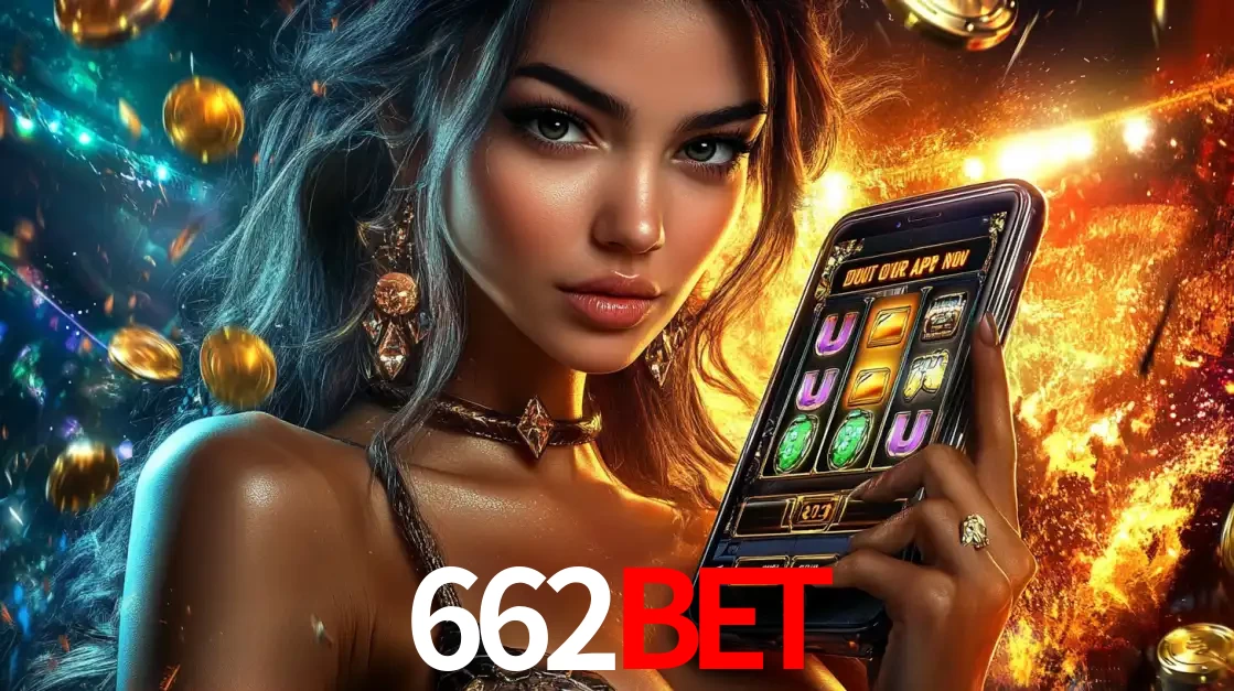 Mulher elegante mostrando um jogo de caça-níqueis em seu smartphone, destacando a experiência de cassino móvel oferecida pelo aplicativo 662bet.