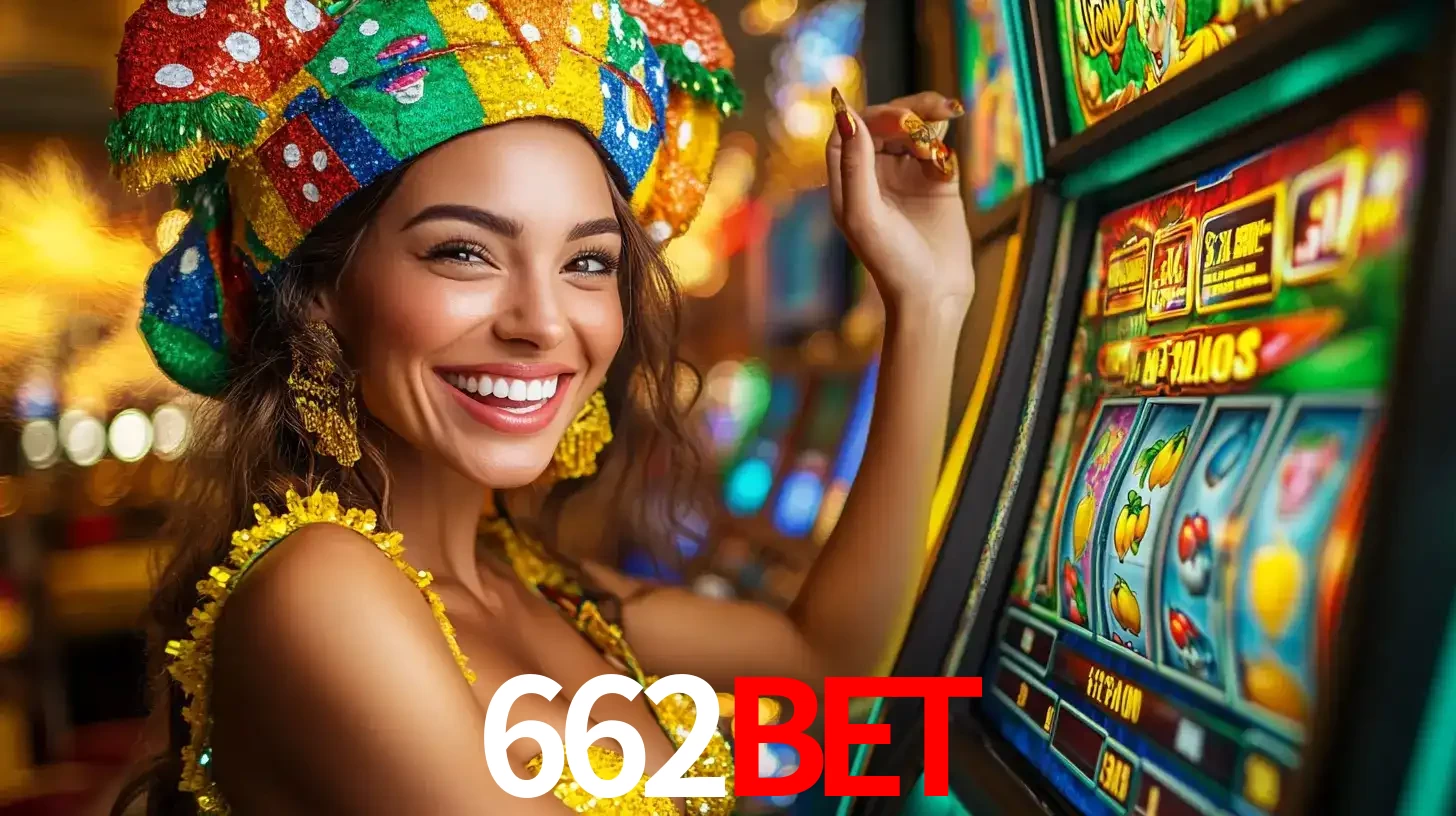 Mulher feliz com traje de carnaval amarelo e colorido ao lado de uma máquina de caça-níqueis, aproveitando a diversão e os jogos temáticos do cassino 662bet.