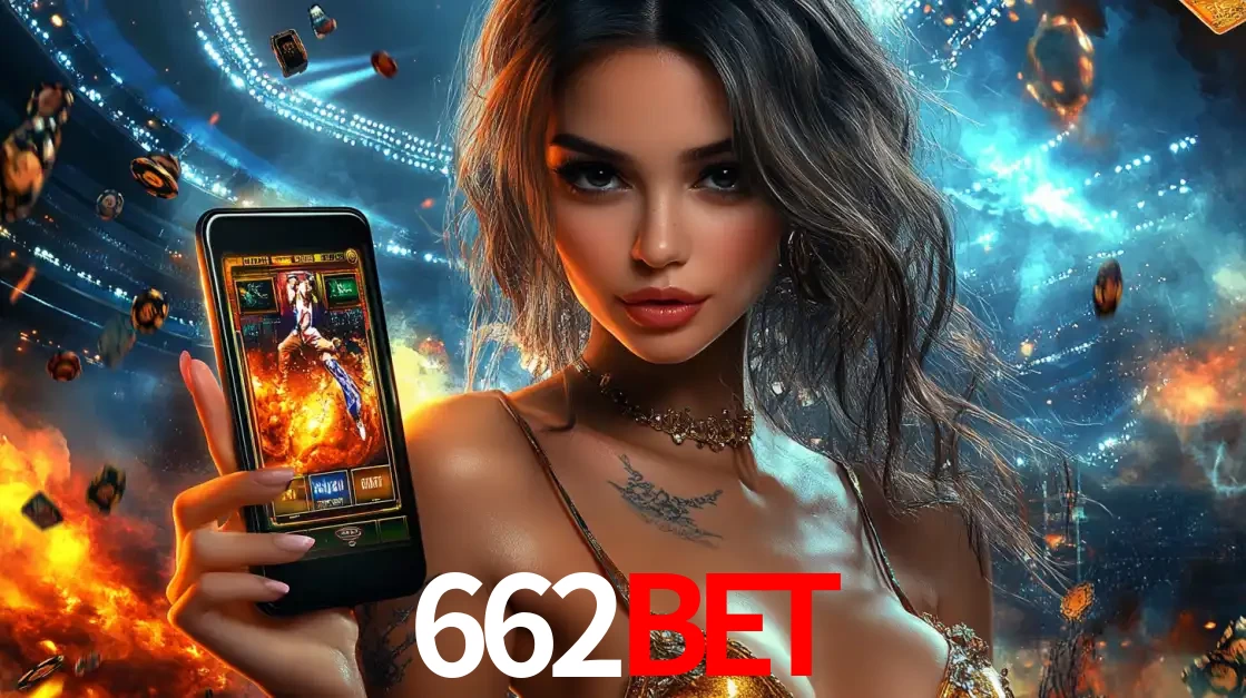Mulher segurando um celular com um jogo de slot em destaque, tendo como fundo um estádio vibrante, simbolizando a emoção de jogar no cassino móvel 662bet.