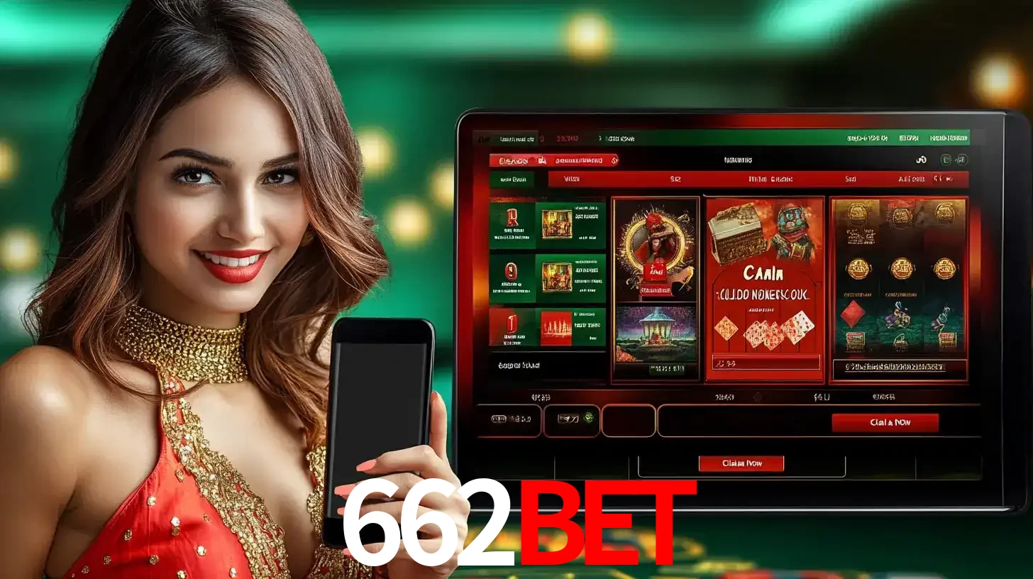 Mulher sorridente segurando um smartphone, ao lado de uma tela exibindo o lobby de jogos do cassino online 662bet, com várias opções de jogos de cartas e slots.
